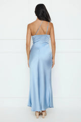 Show You Love One Shoulder Satin Maxi Dress Blue