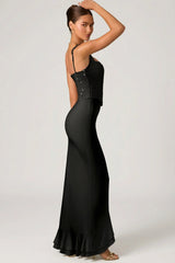 Embellished Ruffle-Trim Corset Gown in Black