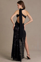 Premium Sequin Lace Scarf-Detail Maxi Dress in Black