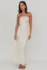Kona Strapless Pleated Bust Satin Maxi Dress Champagne
