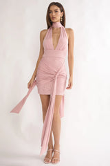Adair Halterneck Waist Sash Mini Dress Blush