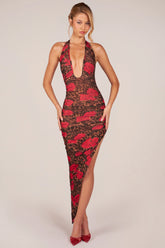 Halterneck Split Hem Midaxi Dress in Rose Leopard Print