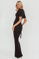 Faylen Waist Tie Ribbed Knit Maxi Dress Black