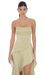 Satin High Low Maxi Dress in Chartreuse