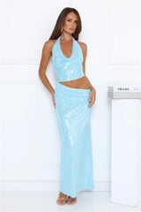 Twinkle Temptation Halter Sequin Maxi Dress Blue