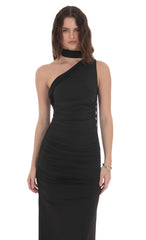 One Shoulder Scarf Wrap Maxi Dress in Black