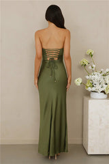 The Seraphina Strapless Satin Maxi Dress Olive