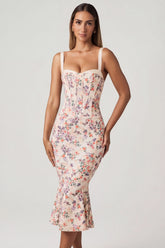 Layered Bra-Detail Fishtail Midaxi Dress in Primrose Floral Print