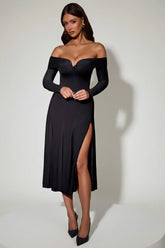 Off-Shoulder Lace-Up A-Line Midaxi Dress in Black