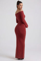 Ribbed-Knit Off-Shoulder Maxi Dress in Brick Red
