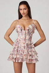 Ruffled Lace-Up A-Line Mini Dress in Primrose Floral Print