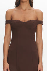 Opulent Off-Shoulder Sheer Hem Maxi Dress Chocolate