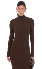 Ribbed Knit Mock Neck Maxi Dress in Brown