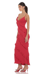 Ruffle V-Neck Maxi Dress in Red