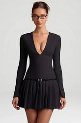 Long-Sleeve Pleated Mini Dress in Black