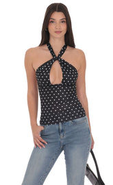 Polka Dot Cross Neck Halter Top in Black