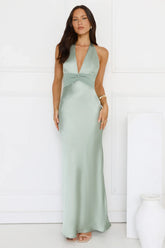 Spiced Sunset Satin Halter Maxi Dress Sage