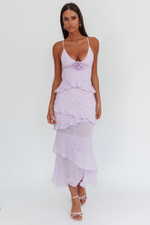 Marlie Frill Trim Rosette Maxi Dress Lilac