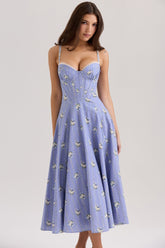 blue daisy print stretch cotton midi sundress
