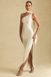 Asymmetric Scarf-Detail Maxi Dress in Ivory