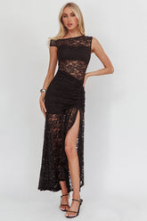 Moonlit Magic Asymmetric Neckline Lace Maxi Dress Black