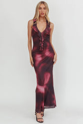 Live Loud Ruffle Halterneck Maxi Dress Print Brown
