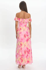 Scarlet Off-Shoulder Ruffle Trim Maxi Dress Print Pink