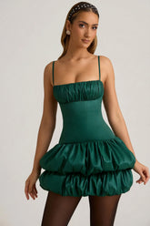 Satin Bubble Hem Corset Mini Dress in Emerald Green