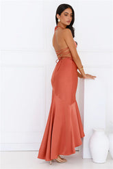She Is Sublime Halter Satin Maxi Dress Brick