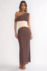 Milos Asymmetric Neckline Maxi Dress Chocolate Dot