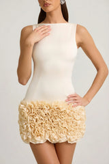 Satin Floral Appliqué Open-Back Mini Dress in Ivory
