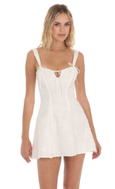 Textured Floral Triple Ties Dress in White