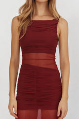 Sade Sheer Panel Ruched Maxi Dress Wine