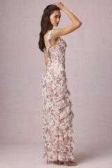 Asymmetric Ruffled Lace-Up Gown in Primrose Floral Print