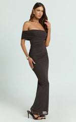 Caterina Maxi Ruched Off Shoulder Mesh Dress in Chocolate
