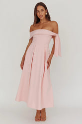 Aurora Sky Off-Shoulder Box Pleat Midi Dress Pink