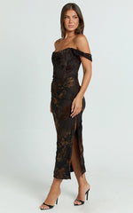 Karlene Midi Dress Ruched Corset Burnout Dress in Black and Brown