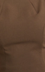 Langley Mini Dress Sleeveless High Neck Faux Wrap Tulip Dress in Brown
