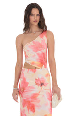 Floral One Shoulder Cutout Maxi Dress in Orange