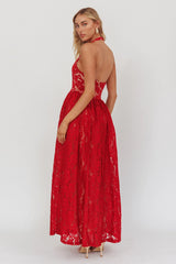 Hendrix Halterneck A-Line Lace Maxi Dress Cherry