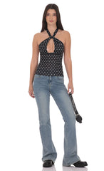 Polka Dot Cross Neck Halter Top in Black