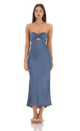 Satin Twist Cutout Midi Dress in Navy