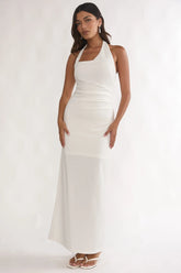 Evenings Asymmetric Halter Maxi Dress White