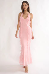 Collins Halter Ruffle Trim Maxi Dress Pink