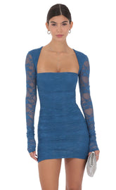 Lace Long Sleeve Bodycon in Blue