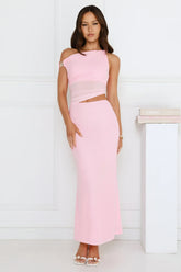 Shimmering Edge Off Shoulder Mesh Maxi Dress Pink