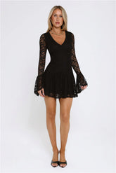 Gilded Lace Nights Long Sleeve Mini Dress Black