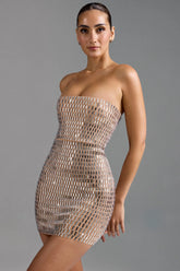 Embellished Bandeau Mini Dress in Almond