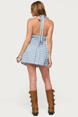 Plaid Smocked Halter Mini Dress
