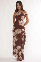 Raphaella Asymmetric Neckline Split Maxi Dress Magnolia Brown